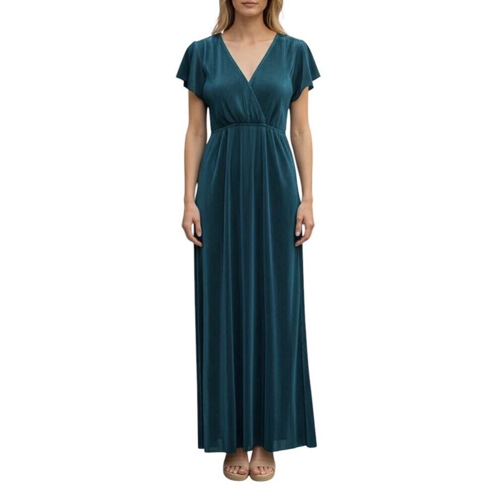 Baltic Born Athena Green Pleated Maxi Dress Bridesmaid Flutter Sleeve Size Small